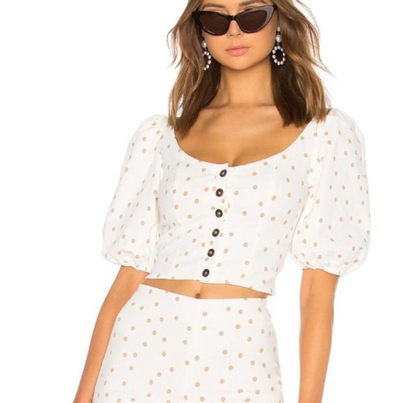 LPA Tops - LPA Shirt Womens Medium White Linen Puff Sleeve Crop Top Button Front Polka Dot